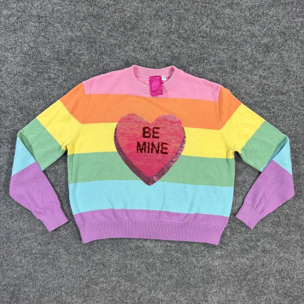 Queen of Sparkles Womens Sweater Medium Be Mine Valentine Colorful Stripe Sequin